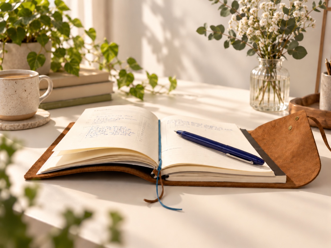 The Monthly Companion open on a sunlit desk inside an A5 leather cover, with a pen, a cup of coffee and white flowers
